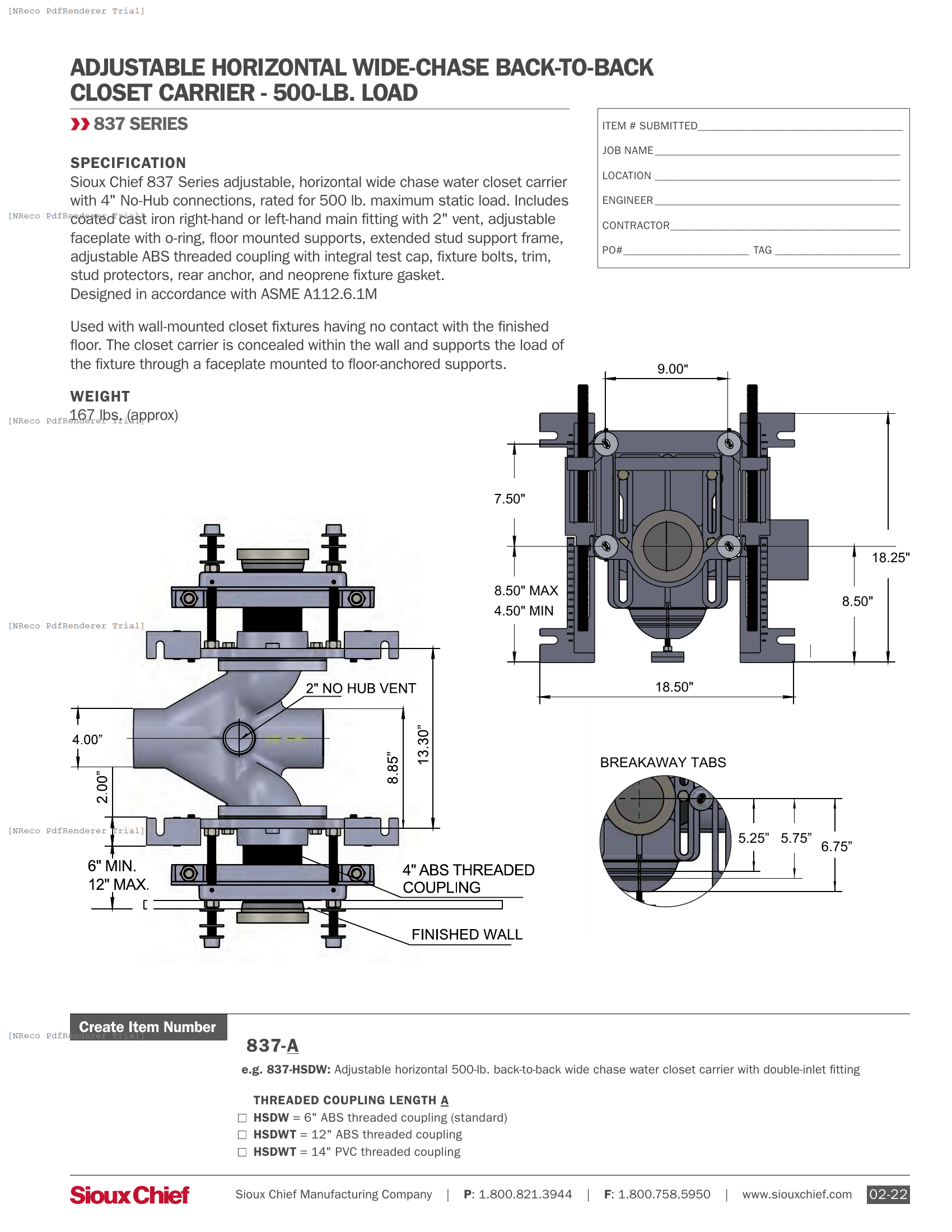 837-HSD SERIES - WIDE-CHASE CLOSET CARRIER - SPEC SHEET.PDF Specification Document